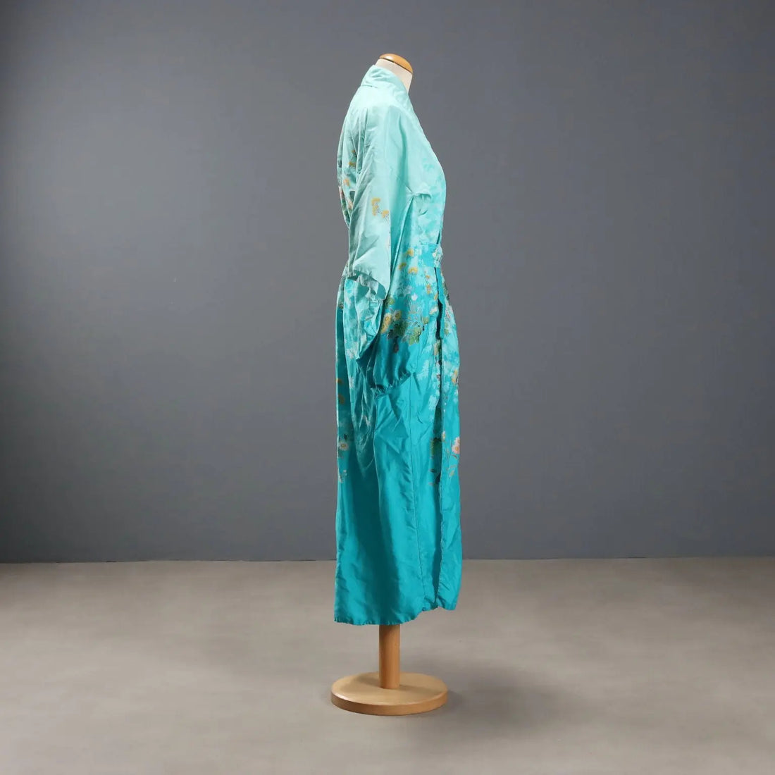 Vintage Turquoise Kimono Satin Unique Size Japan 1970s