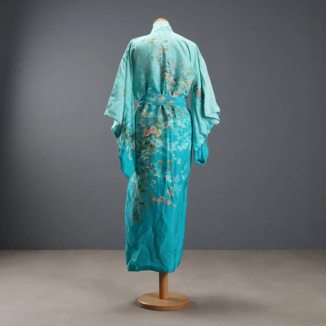Vintage Turquoise Kimono Satin Unique Size Japan 1970s
