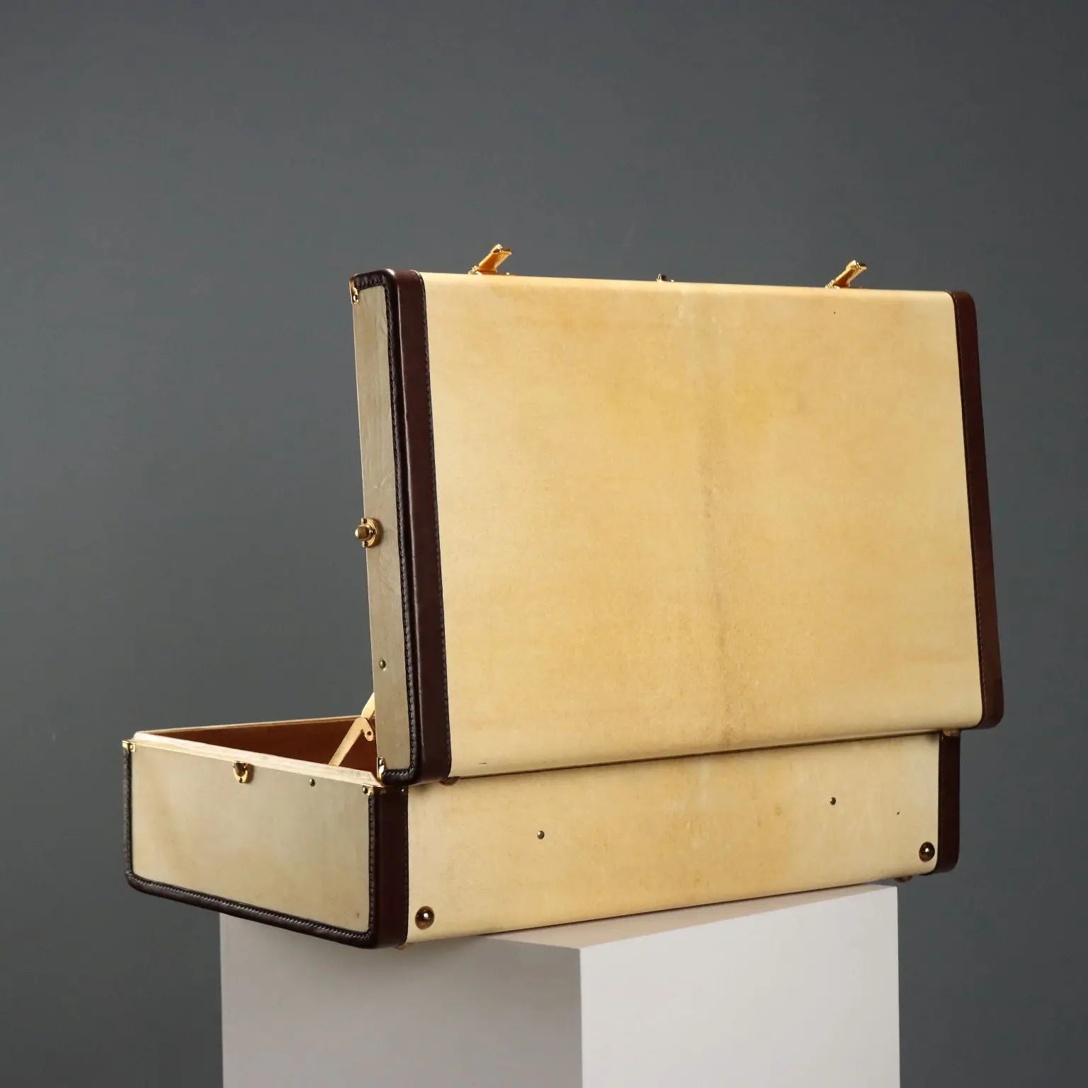 Vintage Suitcase Parchment Cotton Leather Italy 1960s