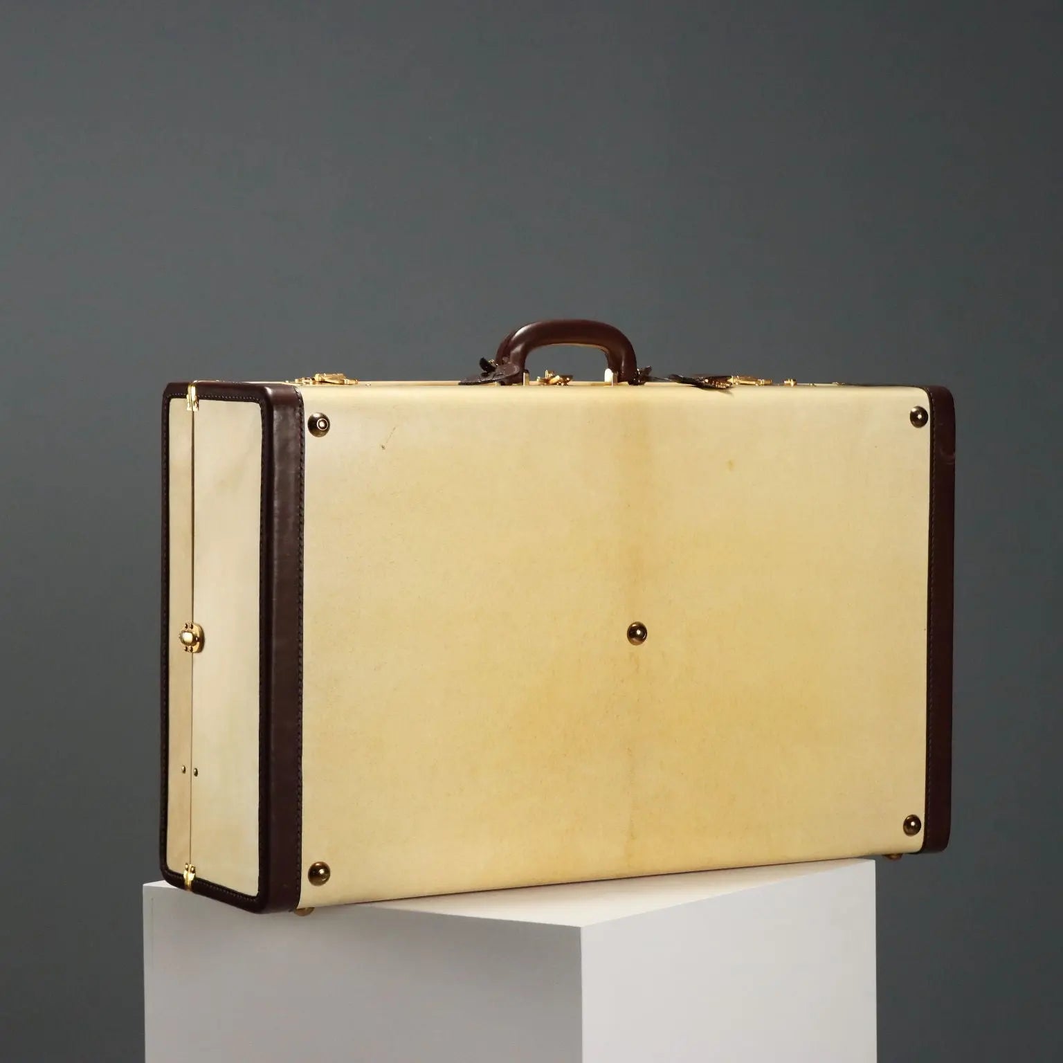 Vintage Suitcase Parchment Cotton Leather Italy 1960s