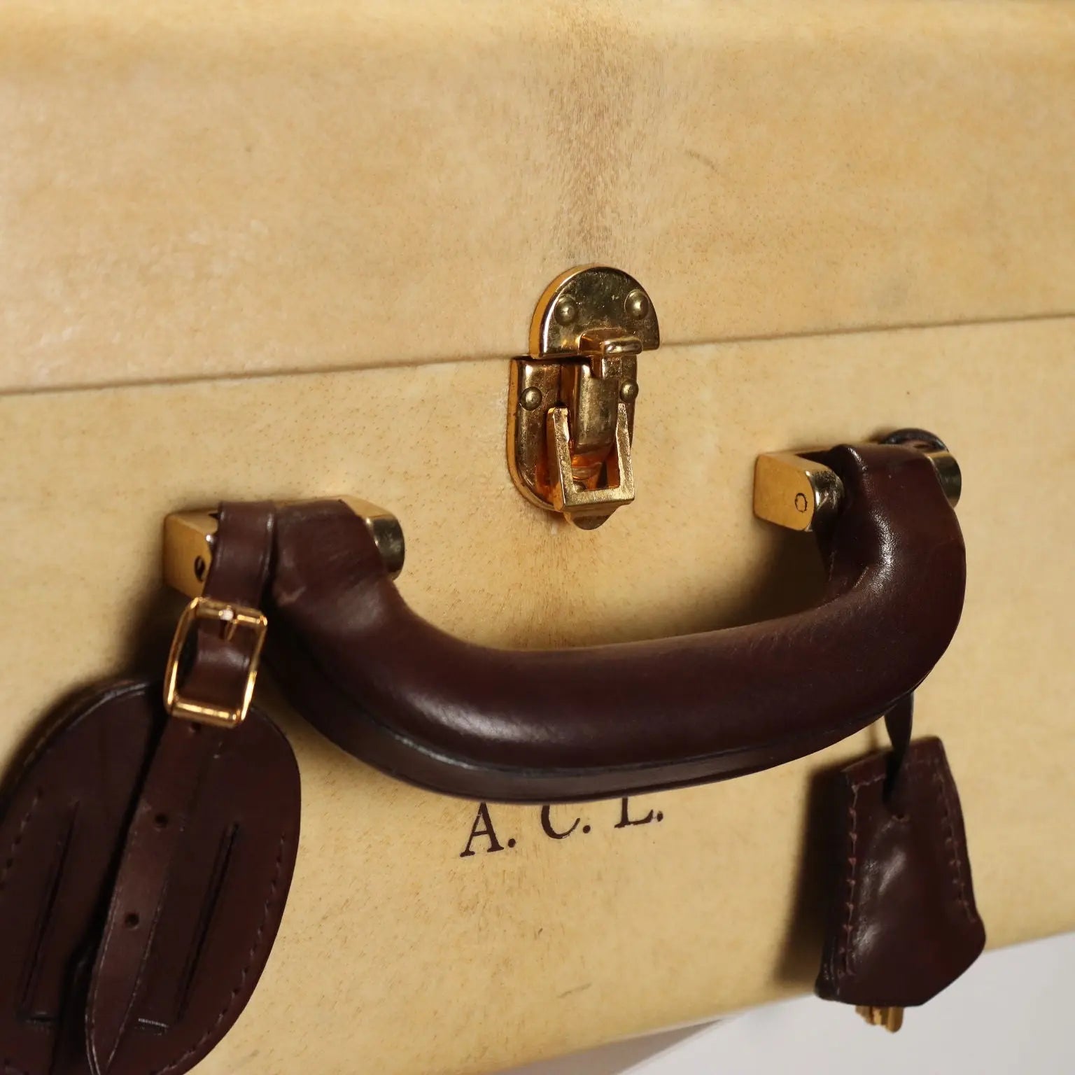 Vintage Suitcase Parchment Cotton Leather Italy 1960s