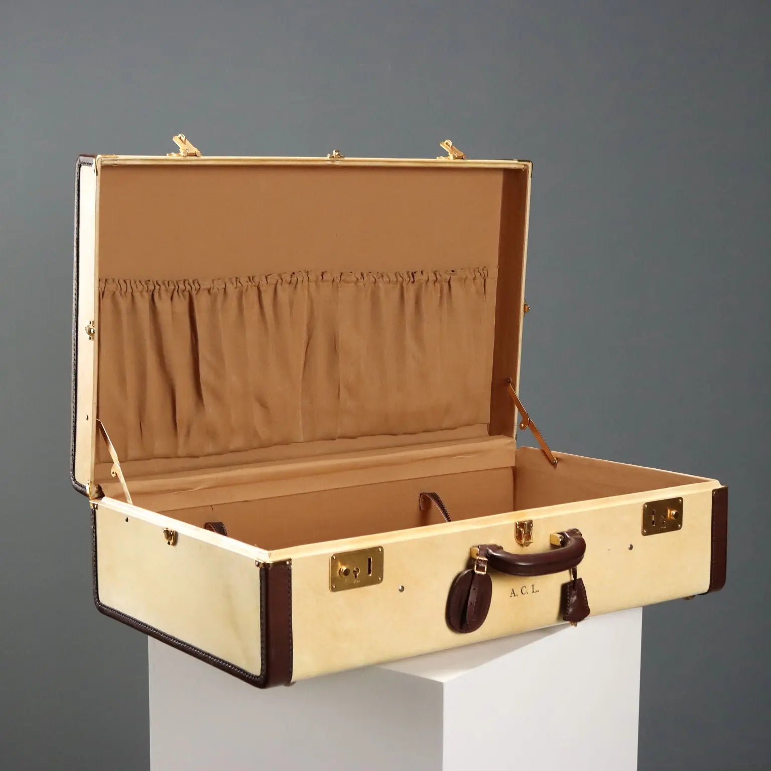 Vintage Suitcase Parchment Cotton Leather Italy 1960s