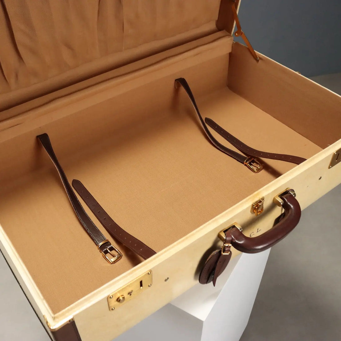 Vintage Suitcase Parchment Cotton Leather Italy 1960s
