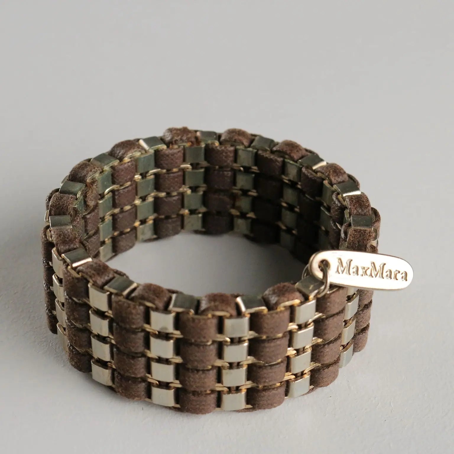 Max Mara Vintage Bracelet Leather Steel Italy 1980s