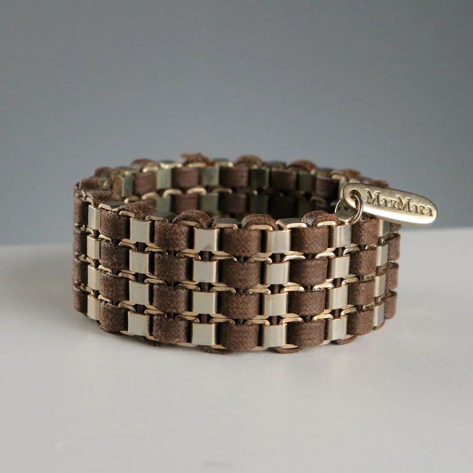 Max Mara Vintage Bracelet Leather Steel Italy 1980s