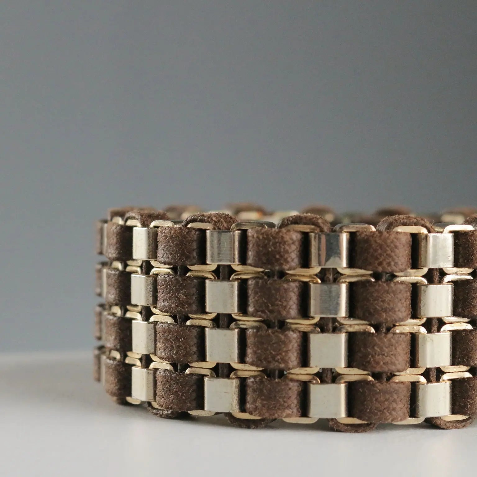 Max Mara Vintage Bracelet Leather Steel Italy 1980s