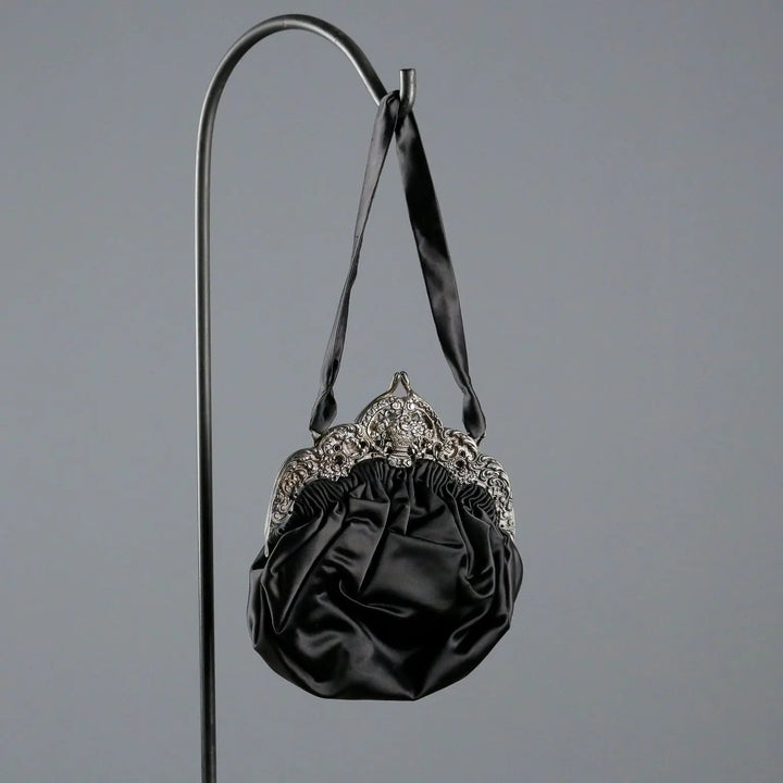 Vintage Evening Bag Black Satin Silver Italy XX Century