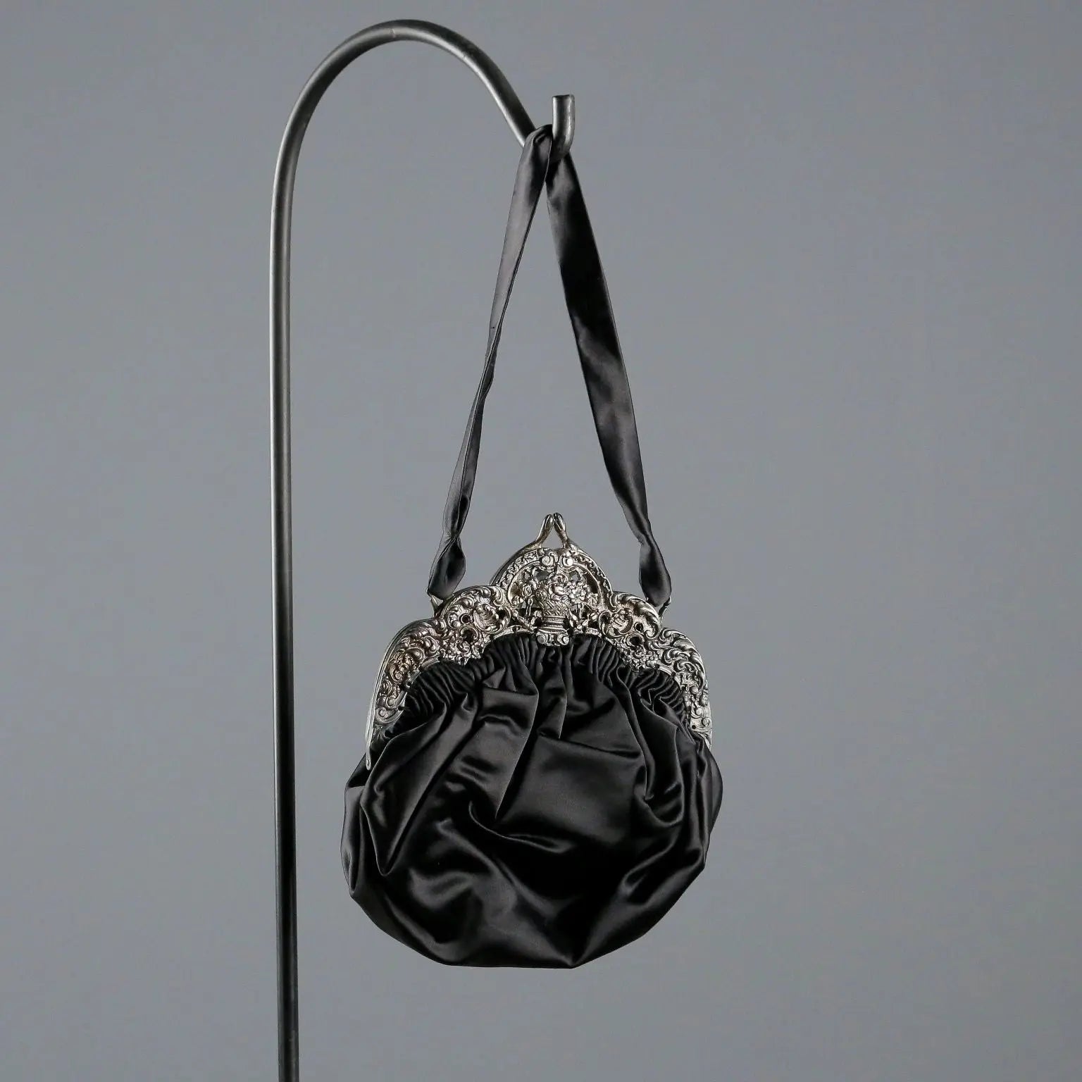 Vintage Evening Bag Black Satin Silver Italy XX Century