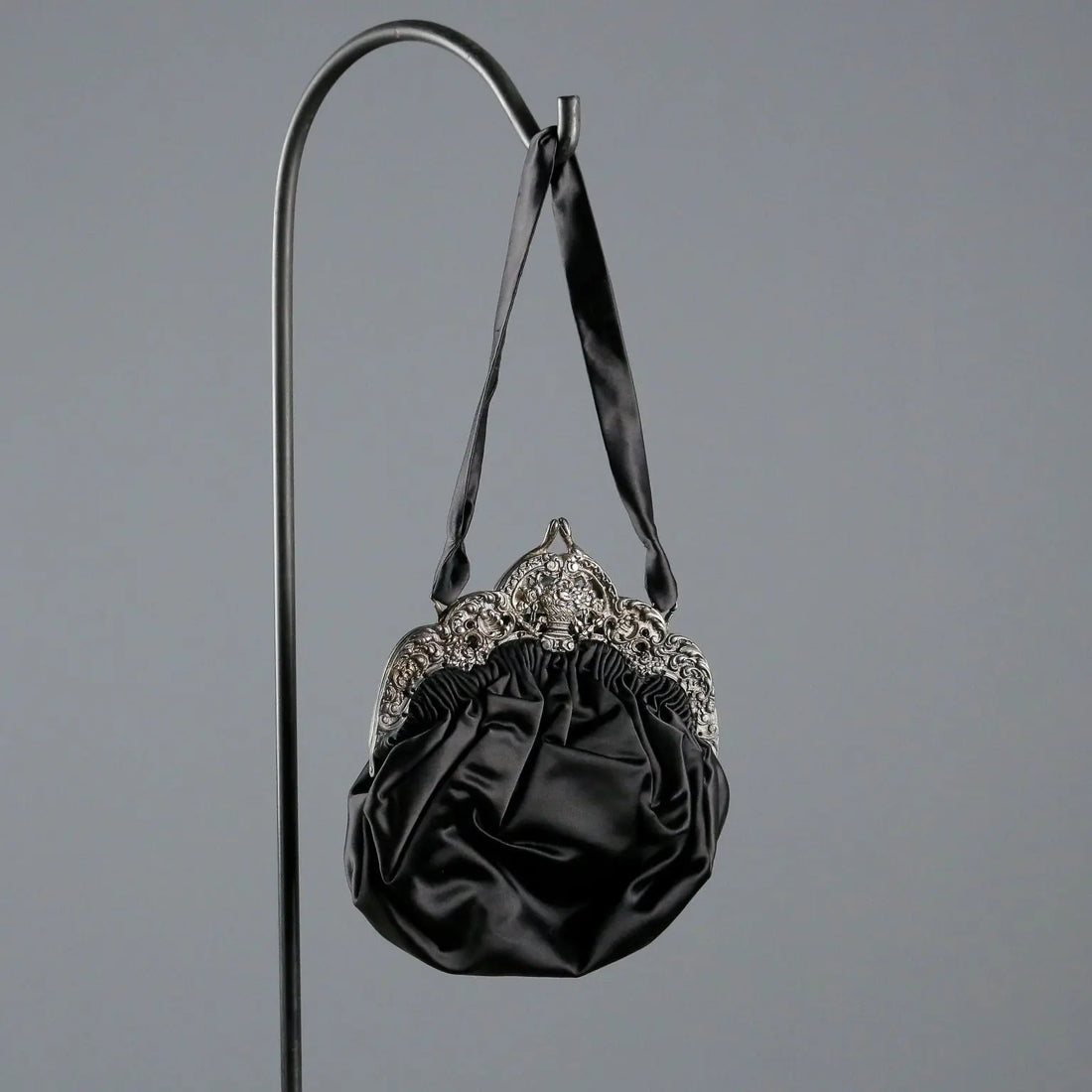 Vintage Evening Bag Black Satin Silver Italy XX Century