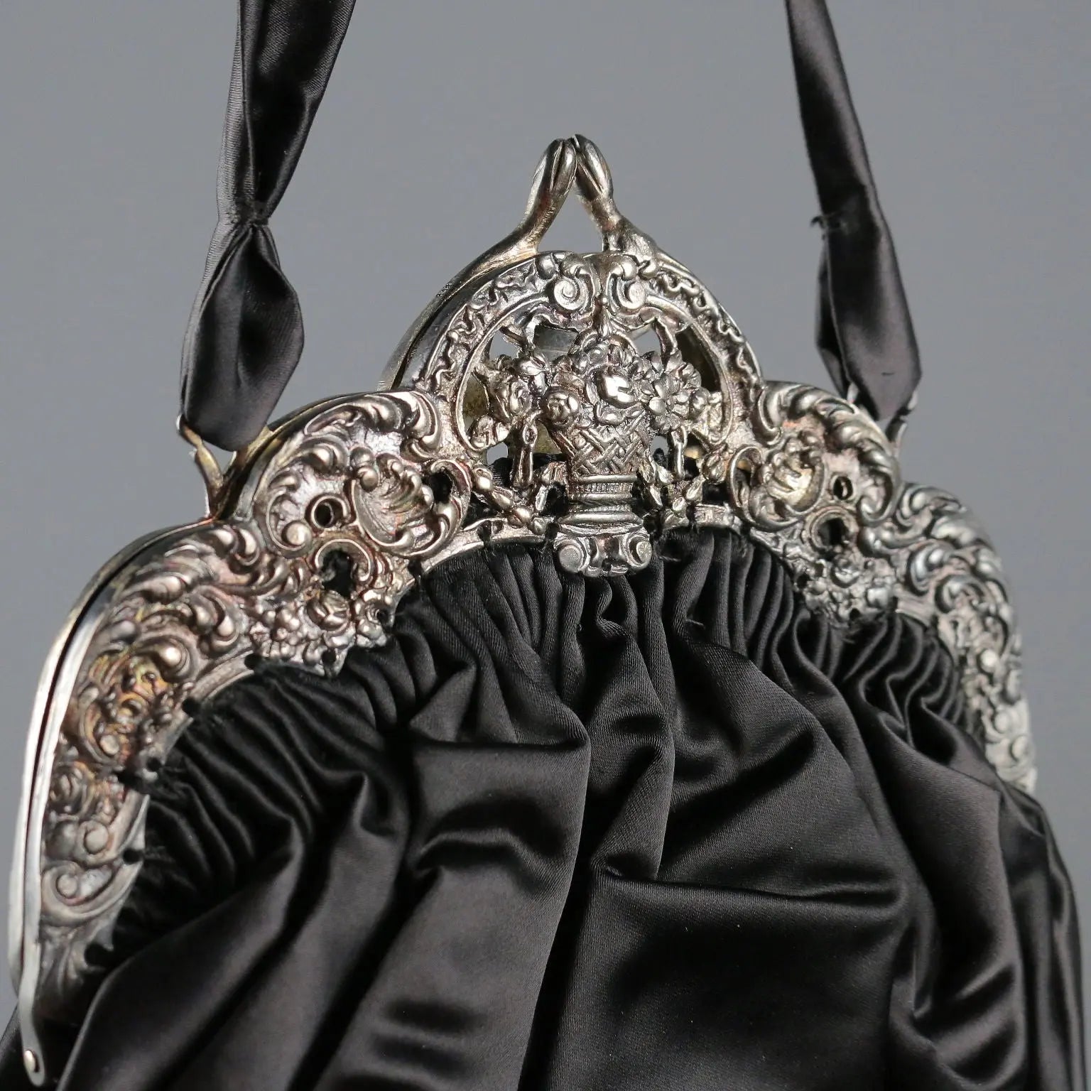 Vintage Evening Bag Black Satin Silver Italy XX Century