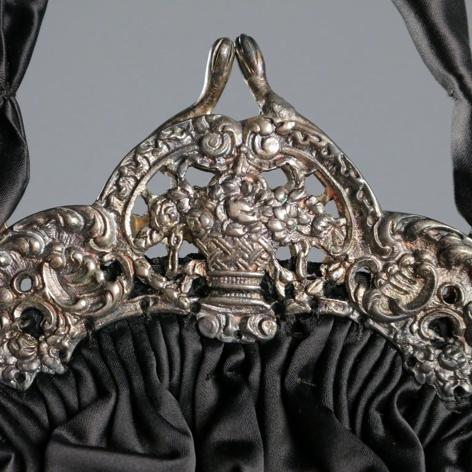 Vintage Evening Bag Black Satin Silver Italy XX Century
