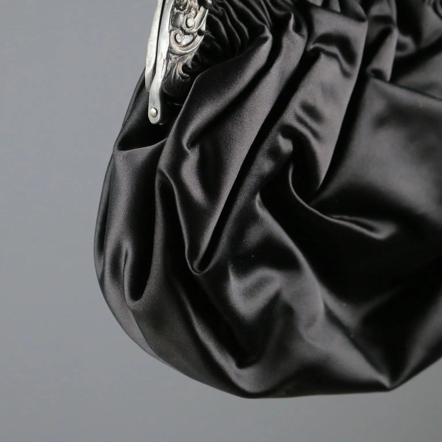 Vintage Evening Bag Black Satin Silver Italy XX Century