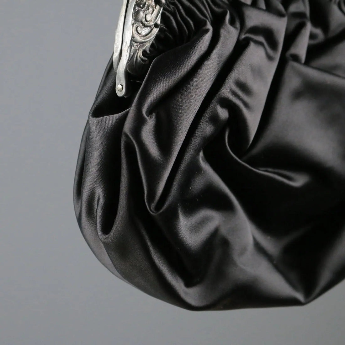 Vintage Evening Bag Black Satin Silver Italy XX Century