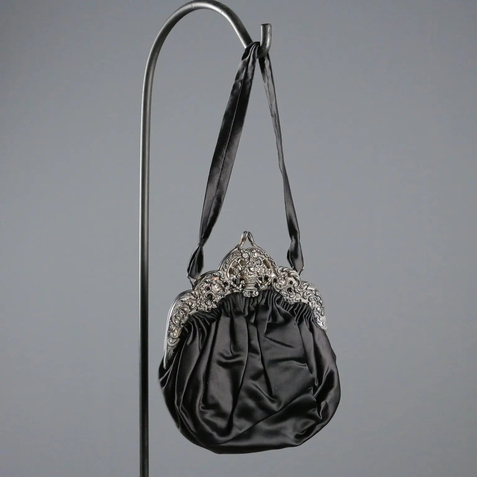 Vintage Evening Bag Black Satin Silver Italy XX Century