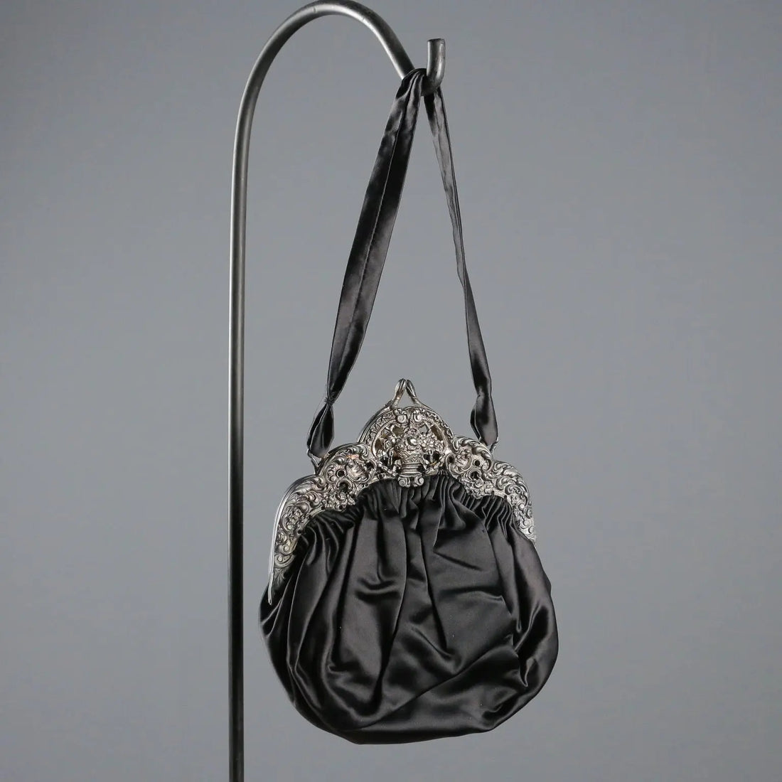 Vintage Evening Bag Black Satin Silver Italy XX Century
