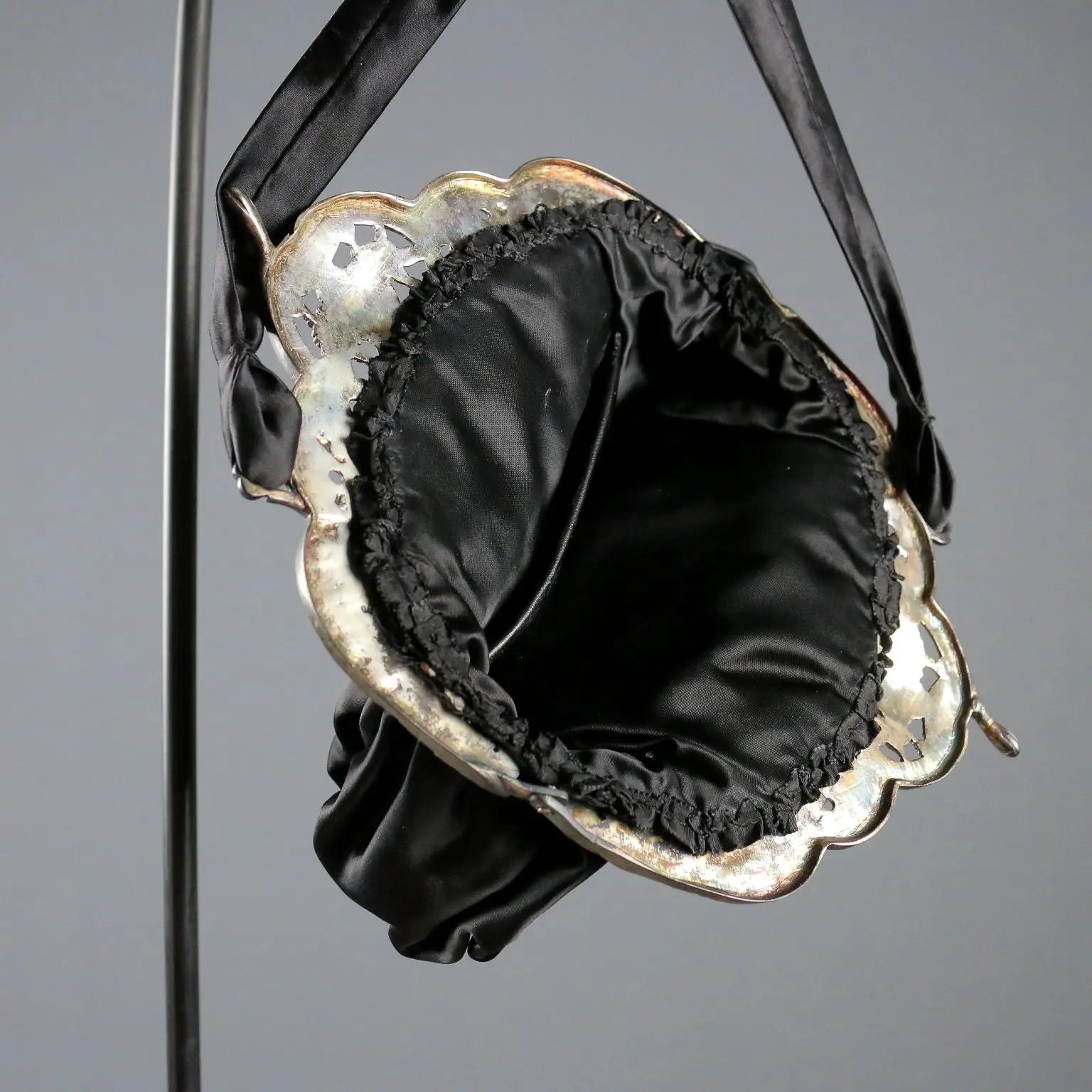 Vintage Evening Bag Black Satin Silver Italy XX Century
