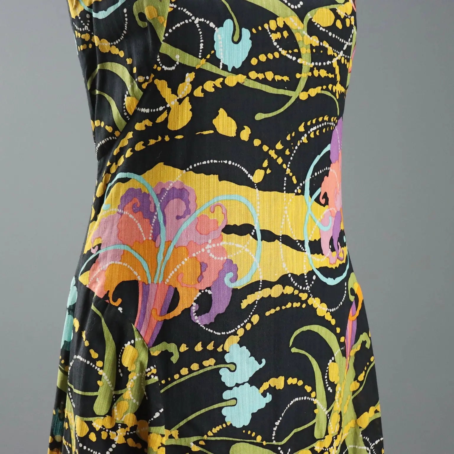 Vintage Long Dress Black Silk Shantung UK Size 12 1970s