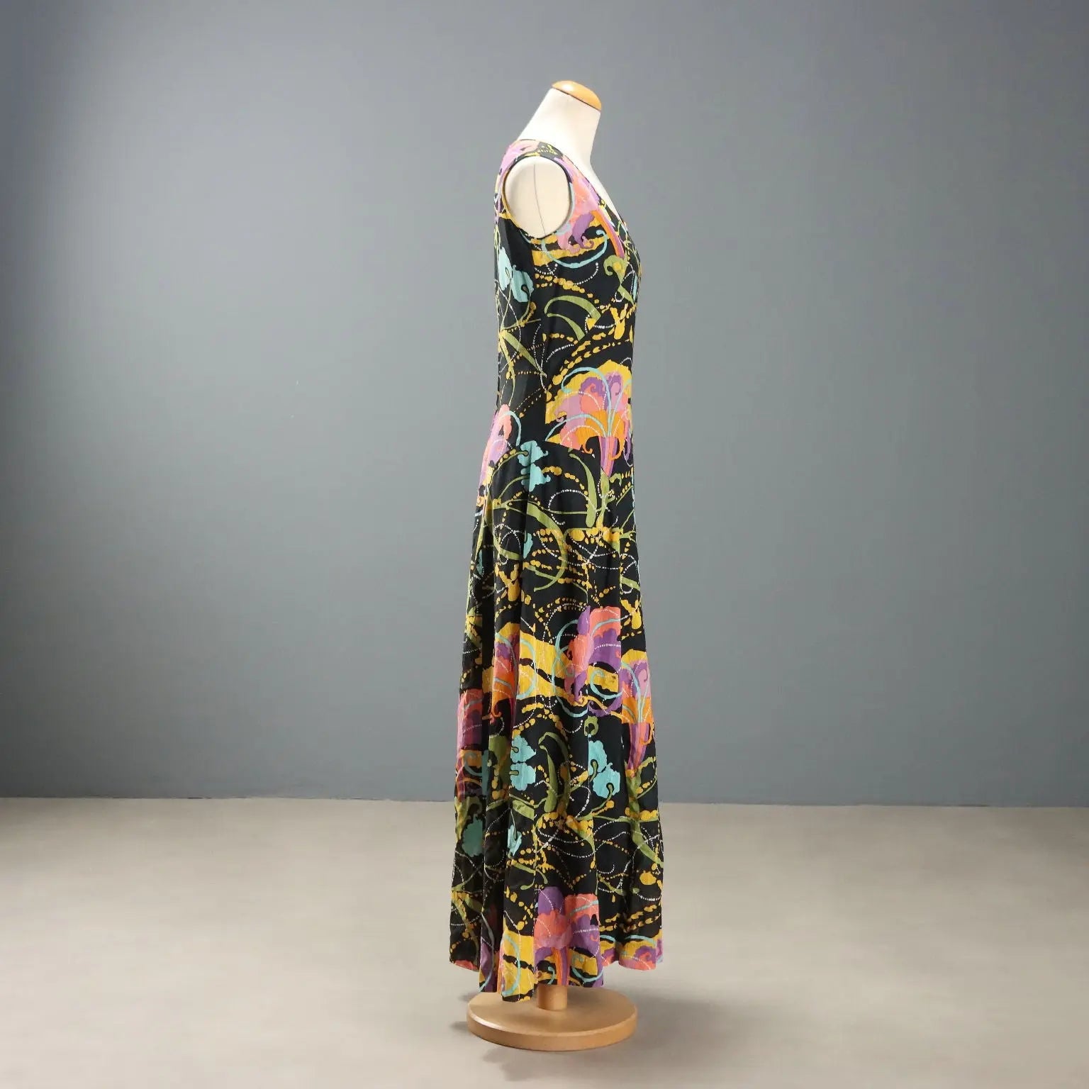 Vintage Long Dress Black Silk Shantung UK Size 12 1970s