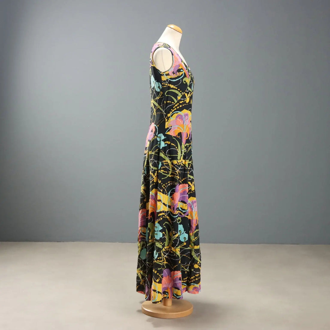 Vintage Long Dress Black Silk Shantung UK Size 12 1970s