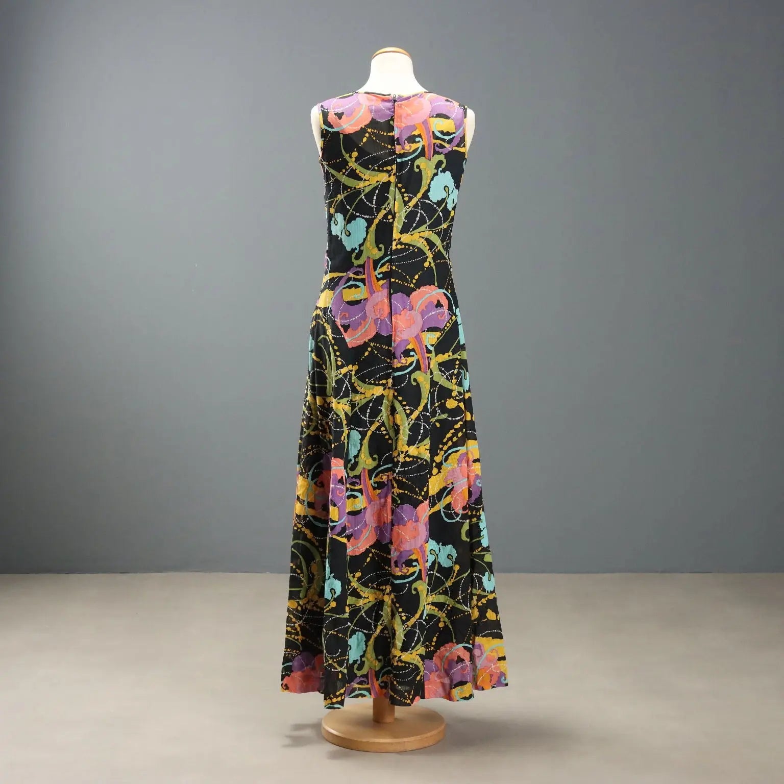 Vintage Long Dress Black Silk Shantung UK Size 12 1970s
