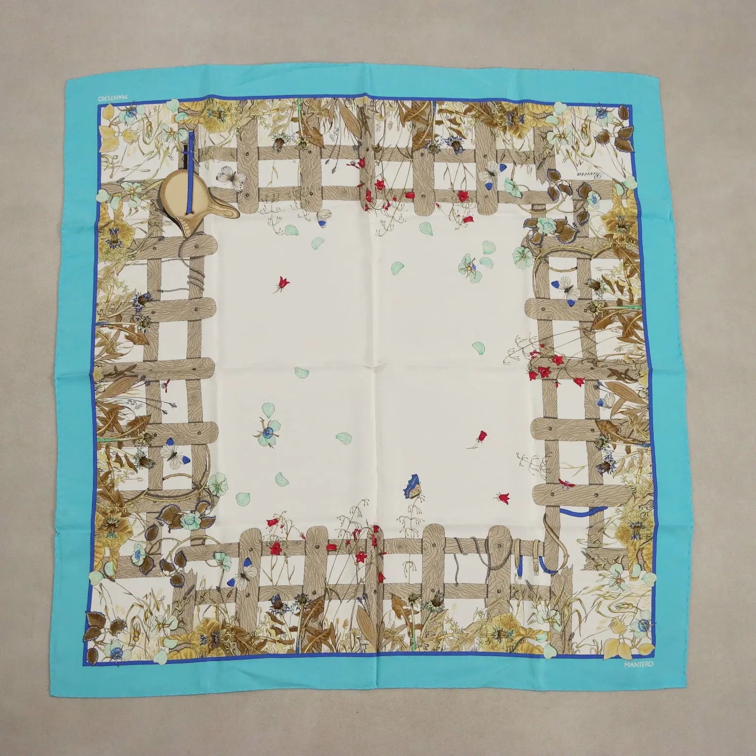 Mantero Vintage Scarf Silk Twill Bucolic Scene Italy 1980s-1990s
