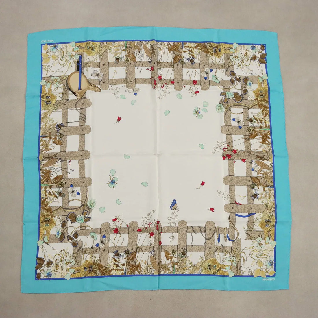 Mantero Vintage Scarf Silk Twill Bucolic Scene Italy 1980s-1990s
