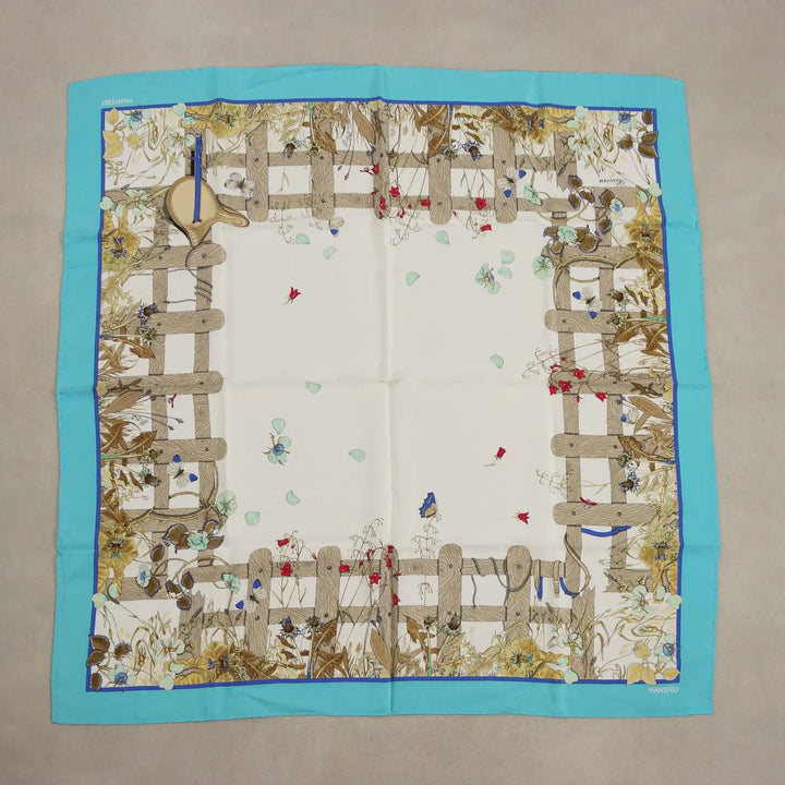 Mantero Vintage Scarf Silk Twill Bucolic Scene Italy 1980s-1990s