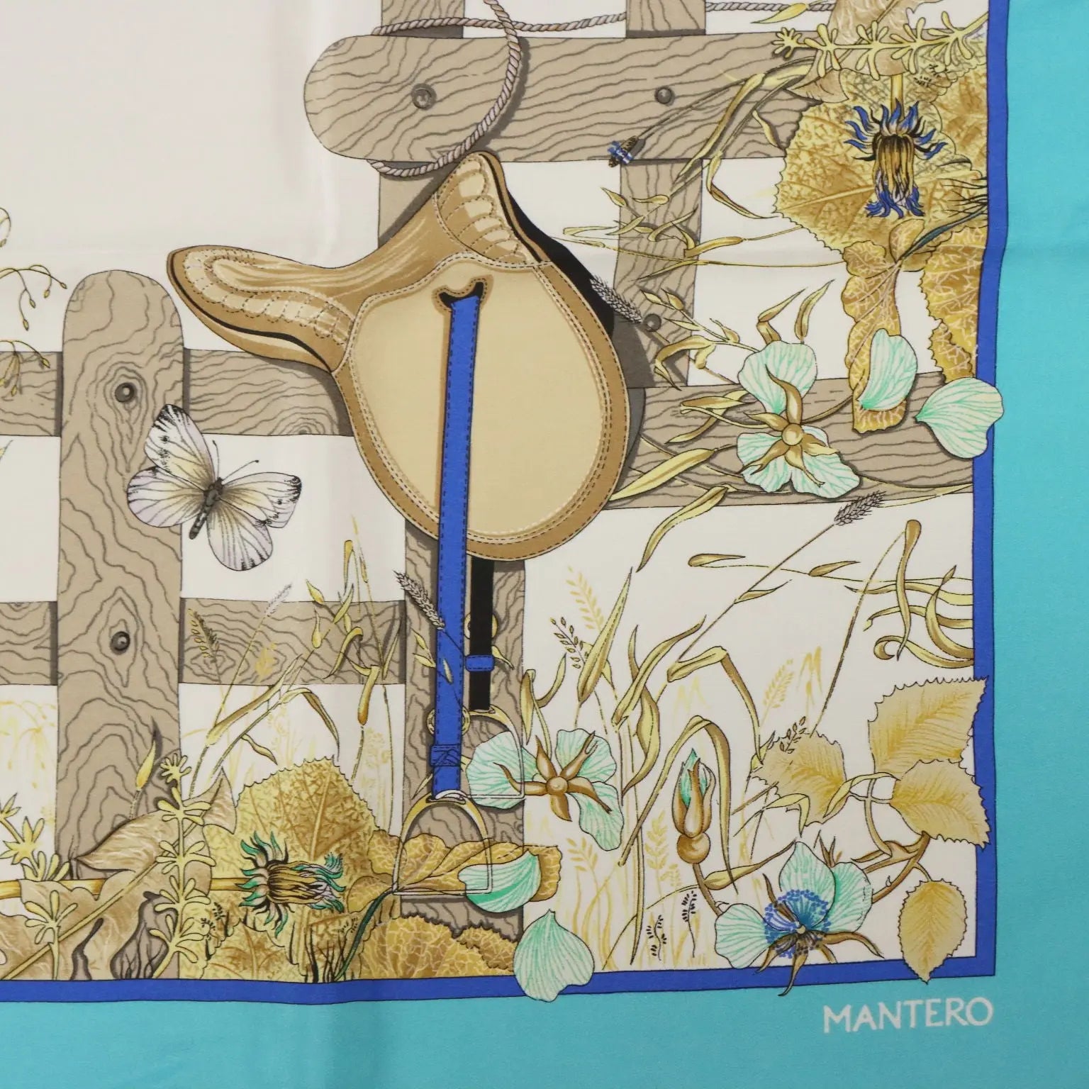 Mantero Vintage Scarf Silk Twill Bucolic Scene Italy 1980s-1990s
