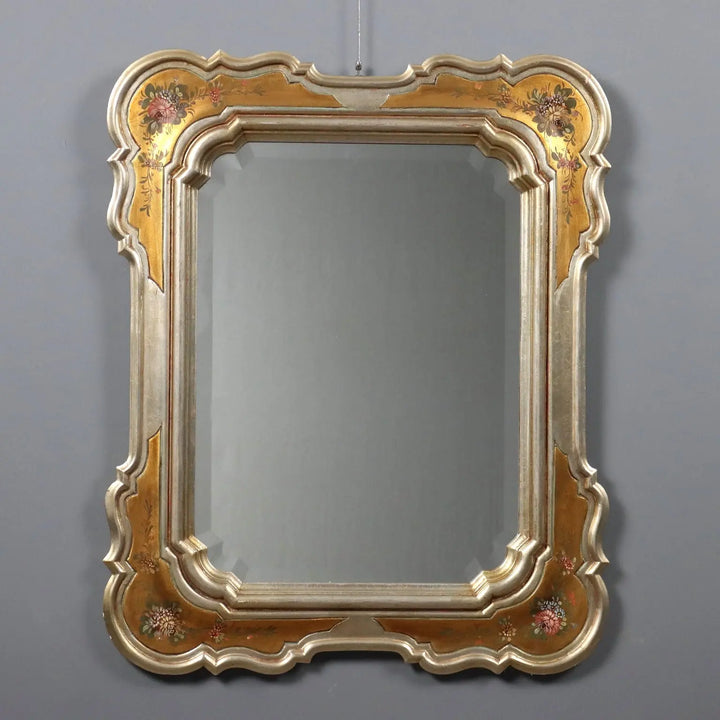 Antique Mirror Gilded Frame Flower Decorations Italy XX Century