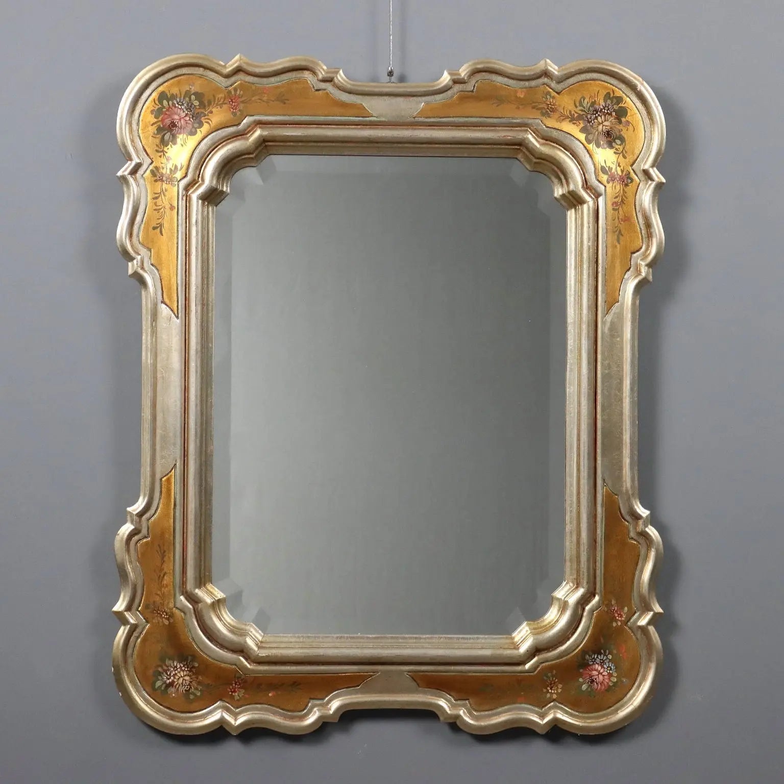 Antique Mirror Gilded Frame Flower Decorations Italy XX Century