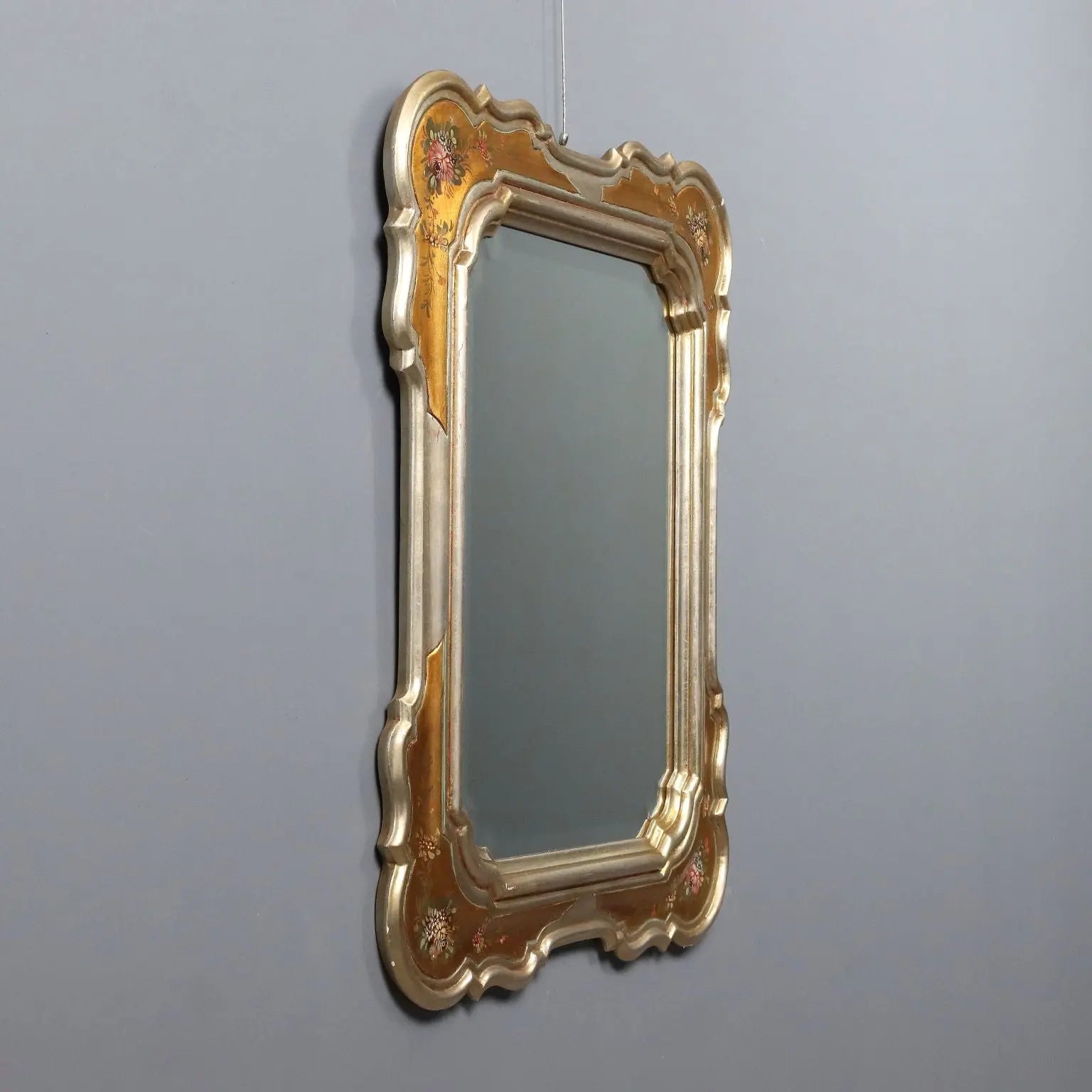 Antique Mirror Gilded Frame Flower Decorations Italy XX Century