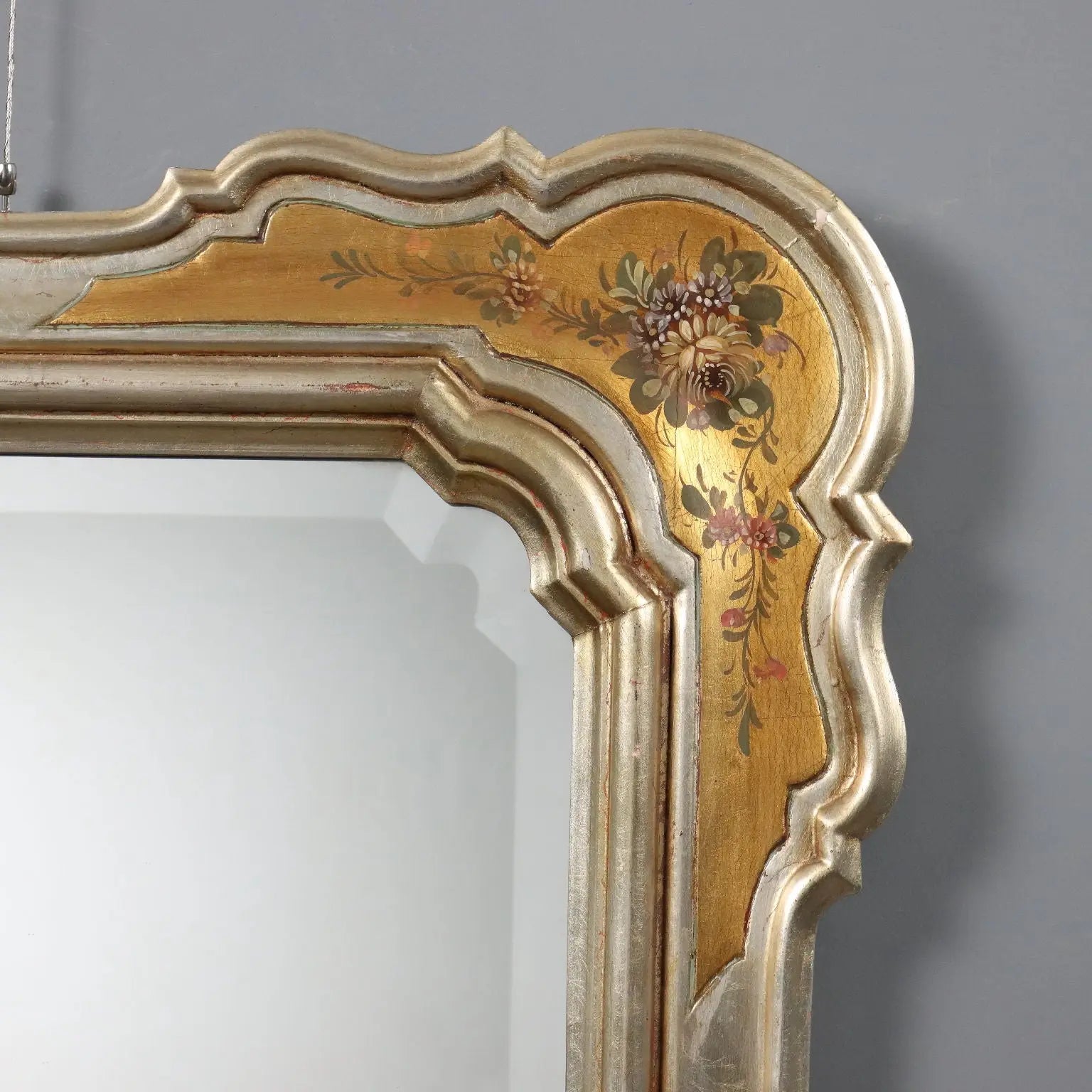 Antique Mirror Gilded Frame Flower Decorations Italy XX Century