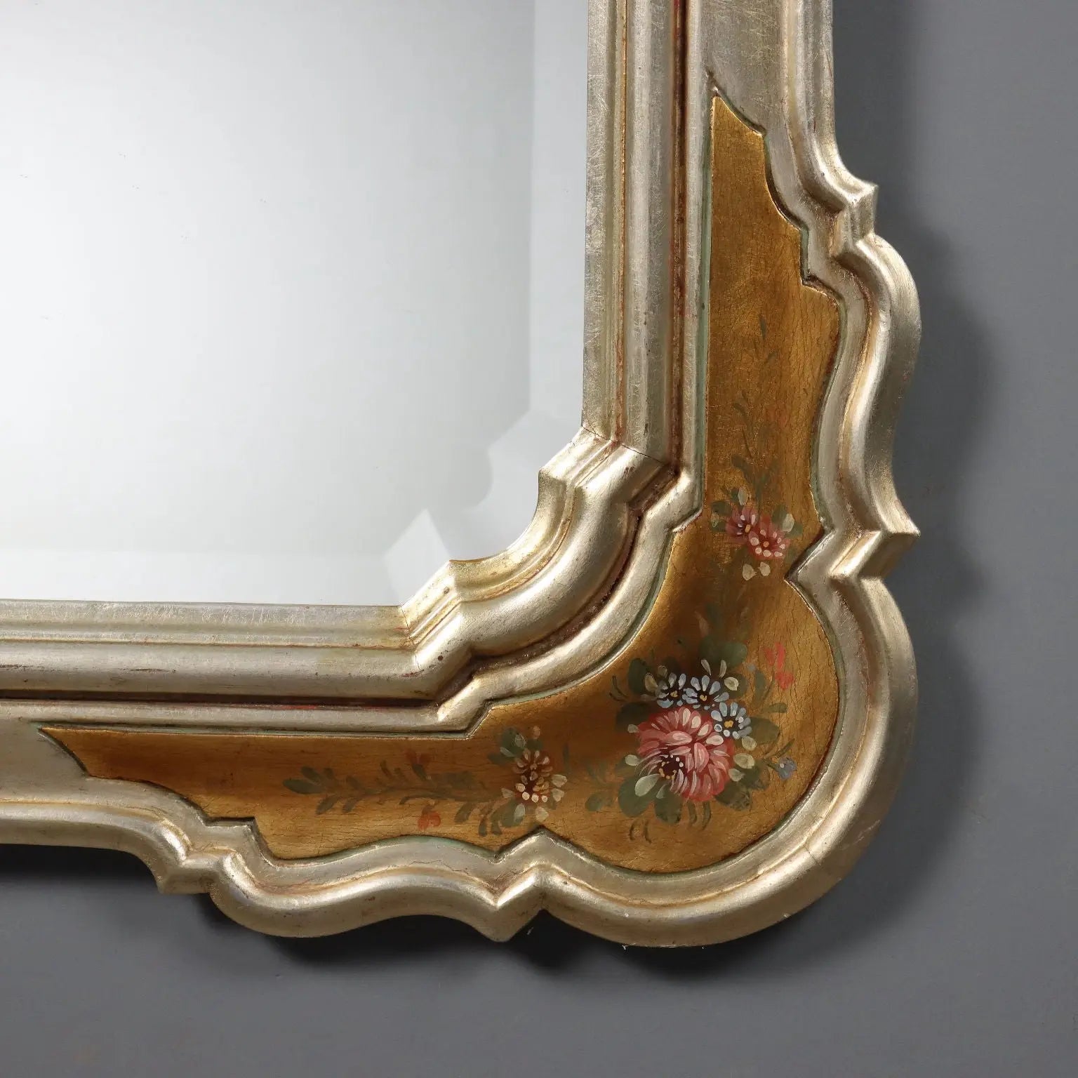 Antique Mirror Gilded Frame Flower Decorations Italy XX Century