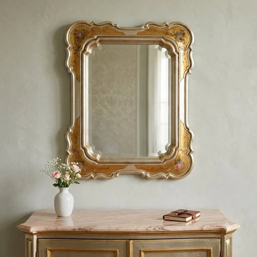 Antique Mirror Gilded Frame Flower Decorations Italy XX Century