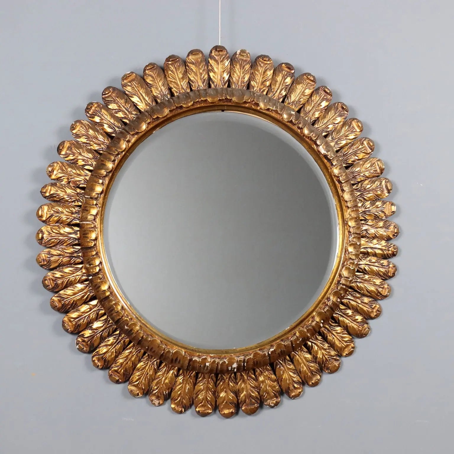 Antique Round Mirror Carved Wood Italy XX Century