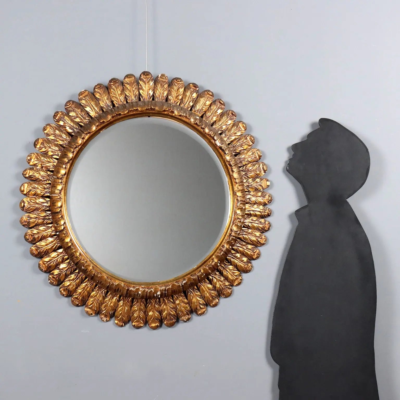 Antique Round Mirror Carved Wood Italy XX Century