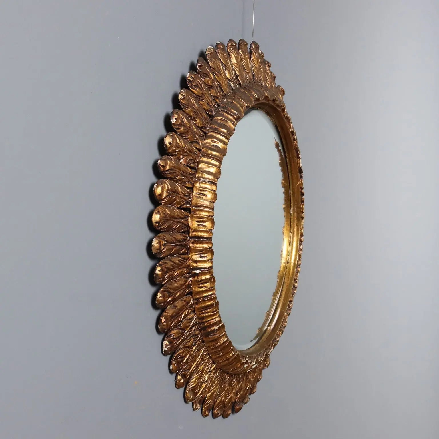 Antique Round Mirror Carved Wood Italy XX Century