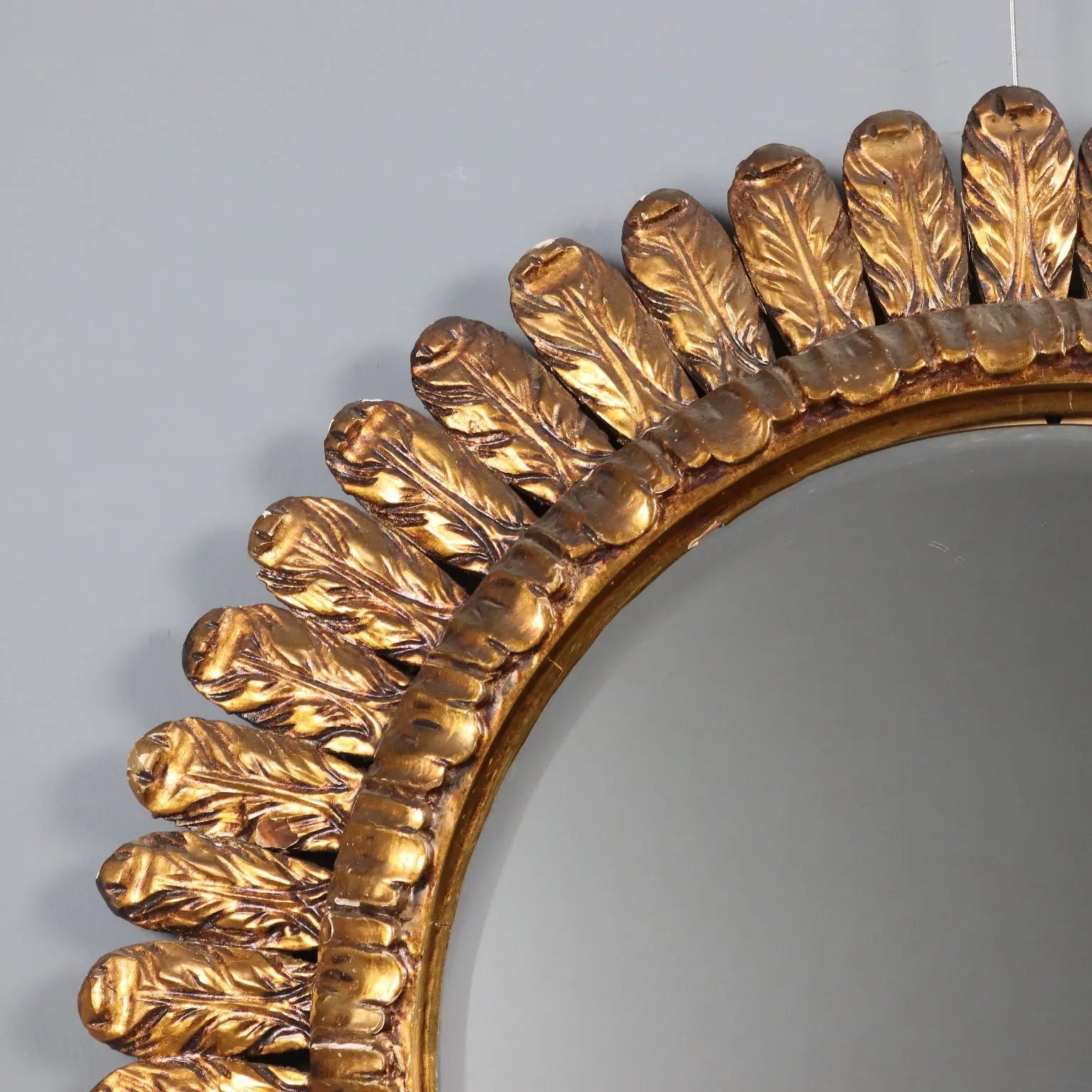 Antique Round Mirror Carved Wood Italy XX Century