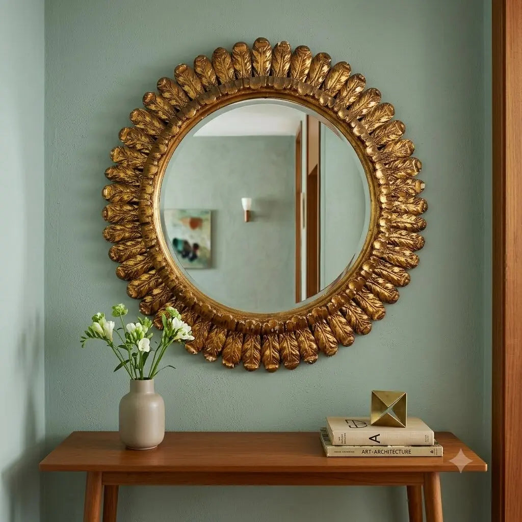 Antique Round Mirror Carved Wood Italy XX Century