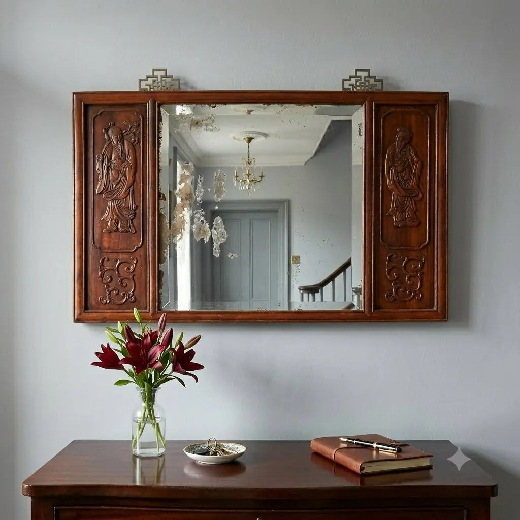 Antique Mirror Exotic Wood Chinoiserie Carvings XIX Century