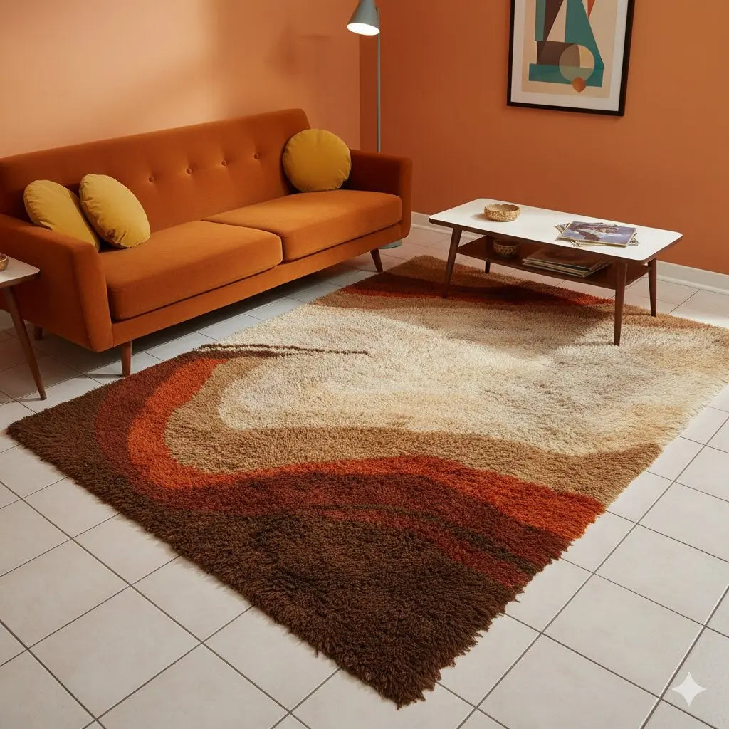Vintage Shaggy Carpet Wool Big Knot Machine Made - 88 x 67 in | Modernism | Complements