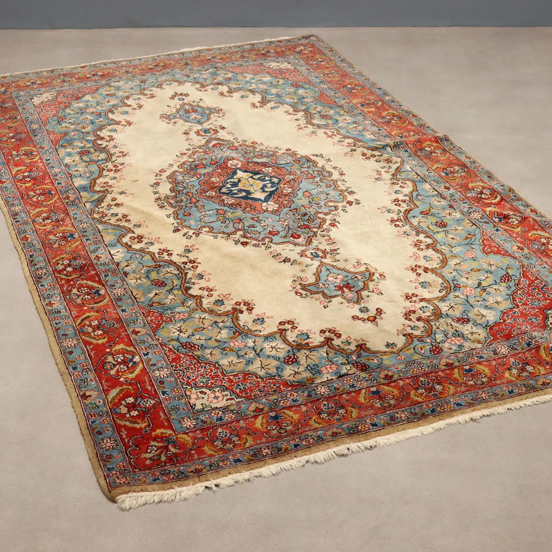 Antique Asian Carpet Cotton Wool 88 x 53 In