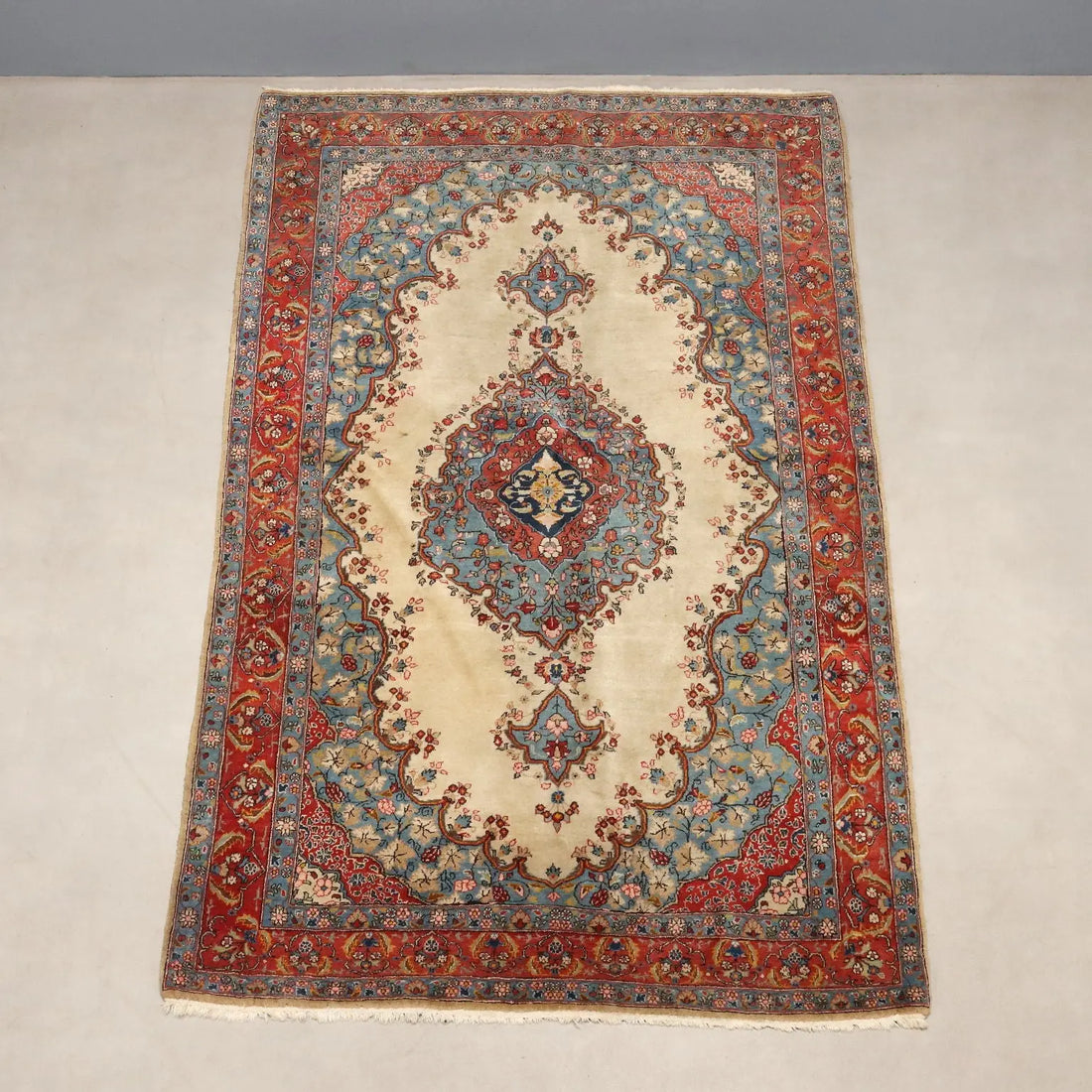 Antique Asian Carpet Cotton Wool 88 x 53 In