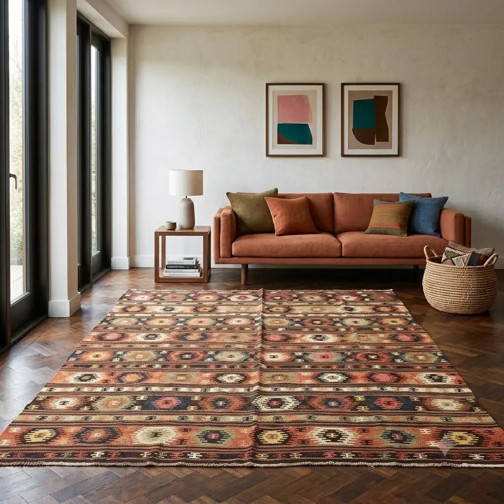 Antique Asian Rug Wool Thin Knot Handmade 109 x 99 In