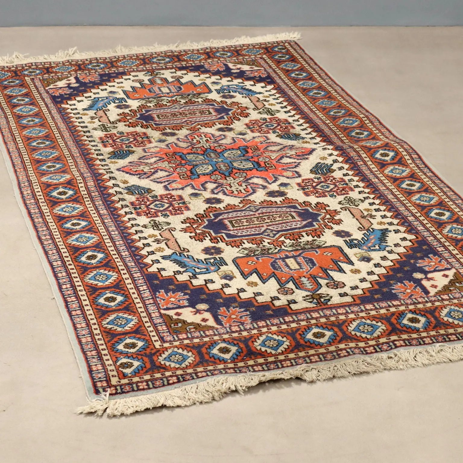 Antique Asian Carpet Cotton Wool Thin Knot 67 x 36 In