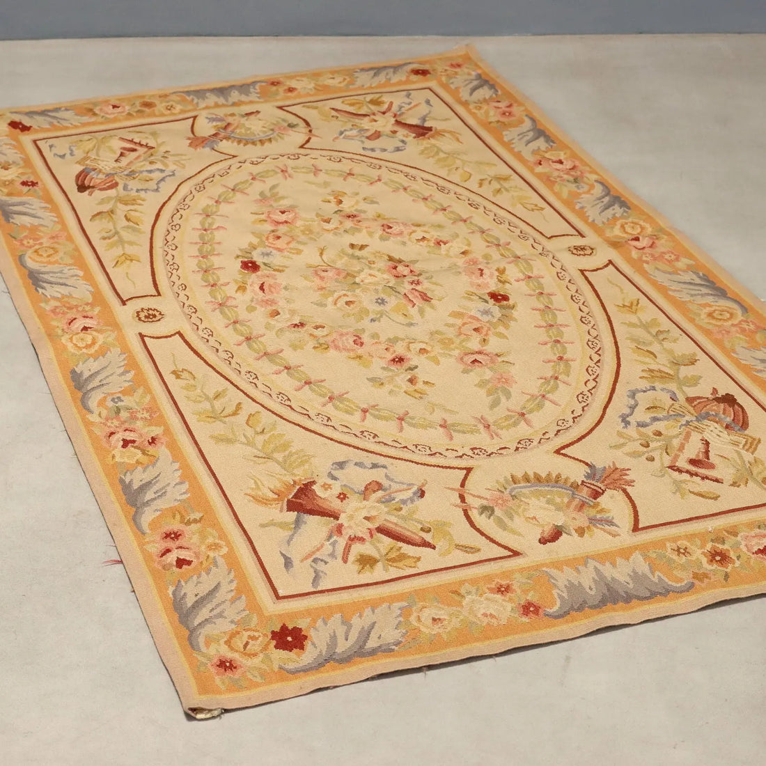 Antique Aubusson Carpet Cotton Extra-Thin Knot 59 x 35 In
