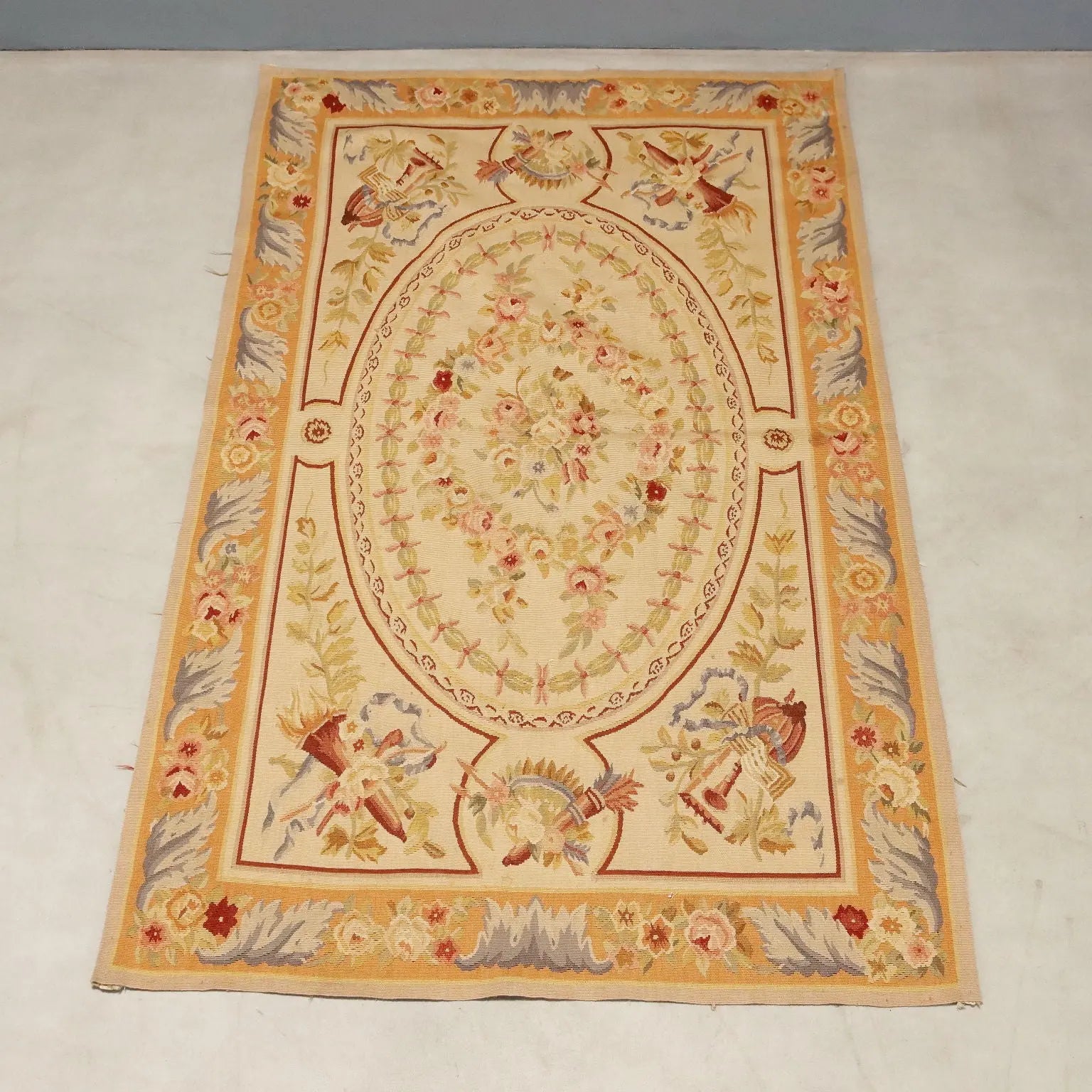 Antique Aubusson Carpet Cotton Extra-Thin Knot 59 x 35 In