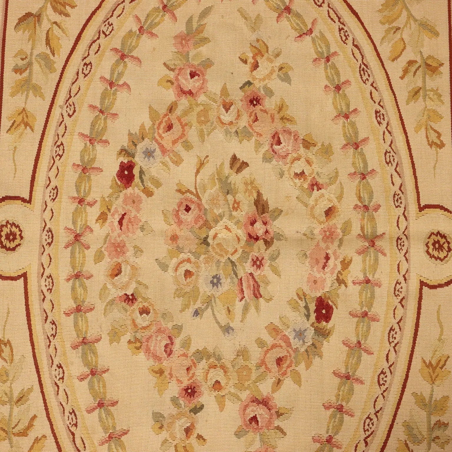Antique Aubusson Carpet Cotton Extra-Thin Knot 59 x 35 In