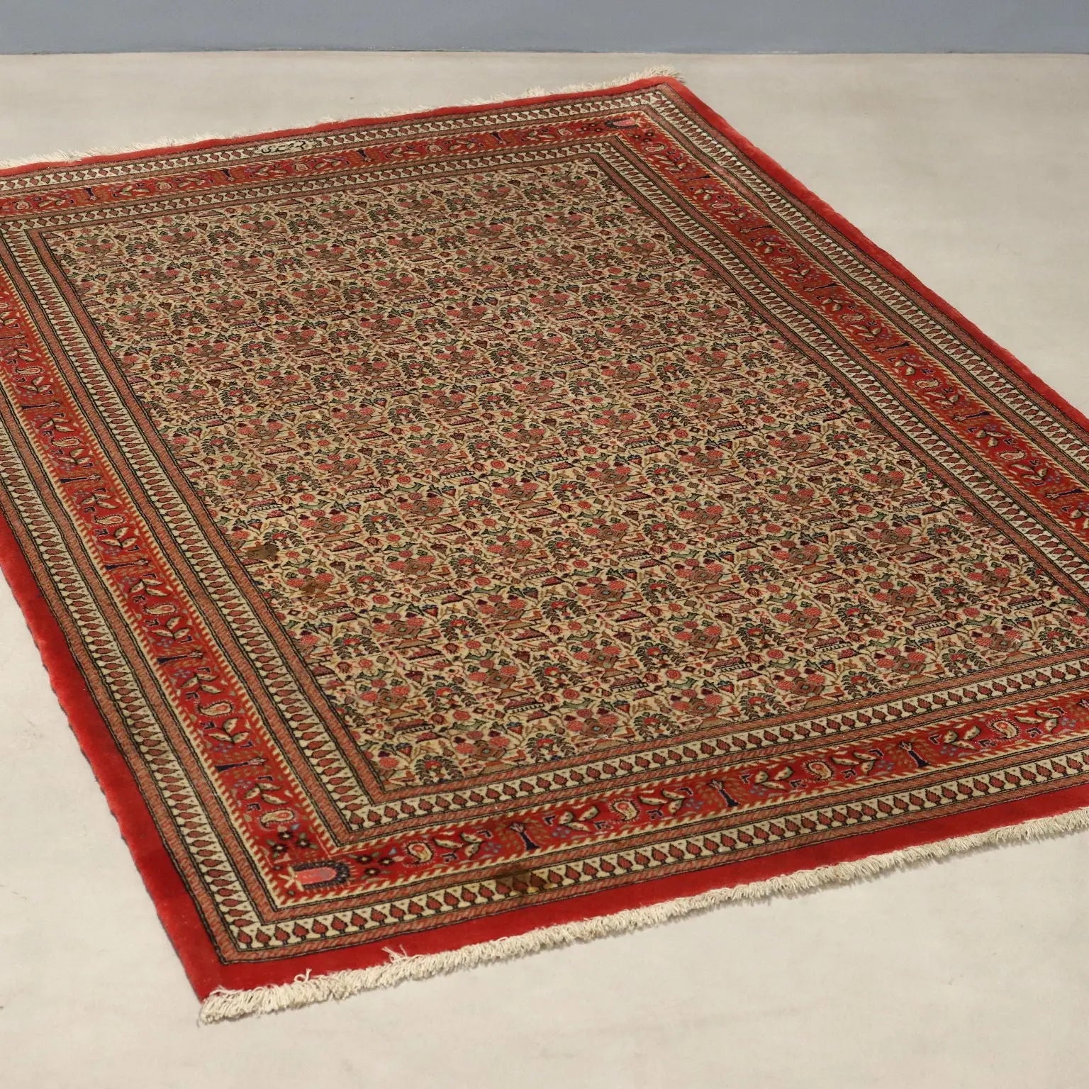 Antique Asian Carpet Cotton Wool Silk Thin Knot 59 x 39 In