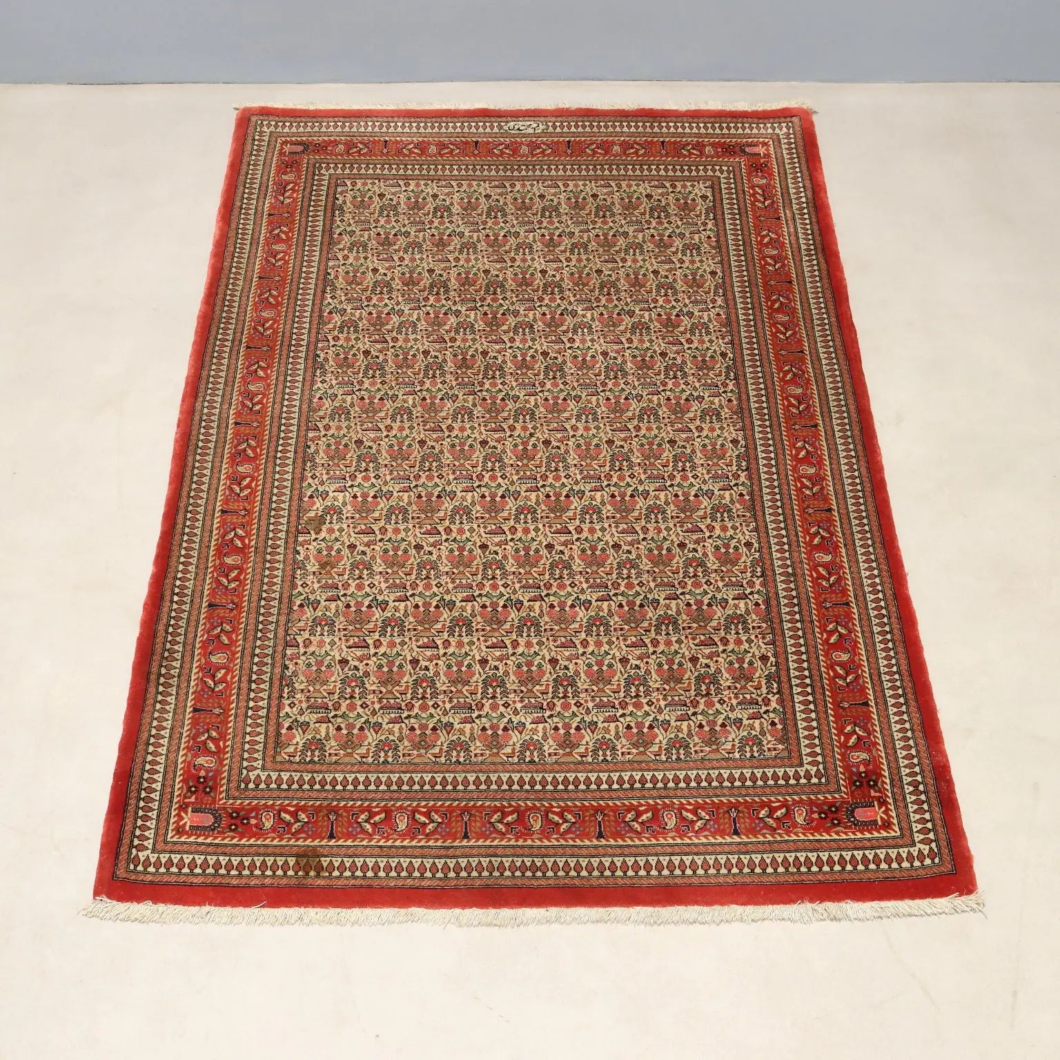 Antique Asian Carpet Cotton Wool Silk Thin Knot 59 x 39 In